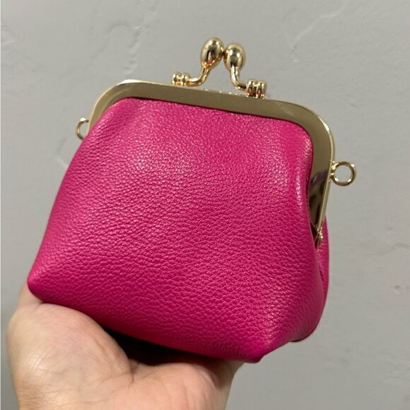 Hot Pink Pebble Leather Handmade Double Kisslock, Metal Frame Handbag Set - Picture 16 of 17